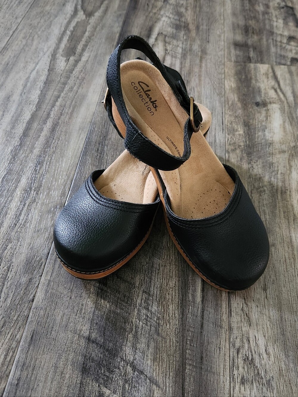 Clarks Paizlee Bay Black Leather Clog Wood-Effect Platform Ankle Strap Sandals - Picture 10 of 10